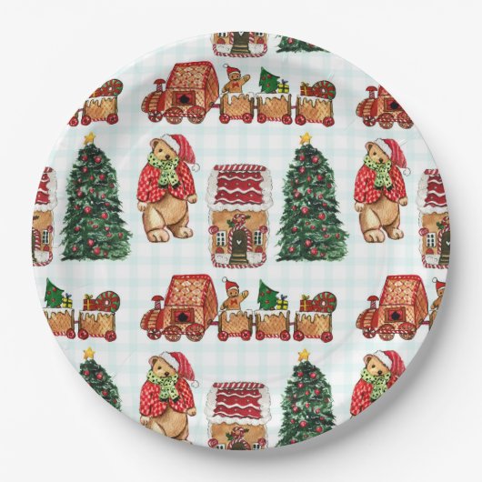 Launiges Weihnachtsmuster mit Bären, Bäumen und Pappteller (Vorderseite)