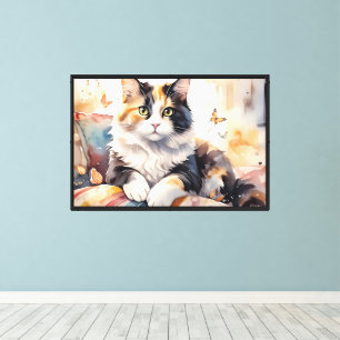 Launische Aquarell-Kaliko-Katze und Schmetterlinge Leinwanddruck