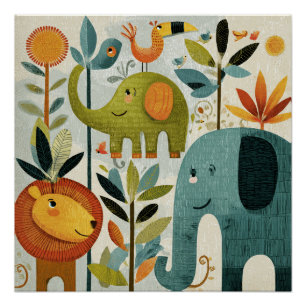 Launische Dschungeltiere Kinderzimmer-Wandkunst Poster