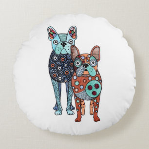 Launische Französische Bulldoggen-Folk-Art-Doodle- Rundes Kissen