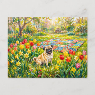 Launische Frühlingsgarten-Mops-Hunde-Illustration Feiertagspostkarte