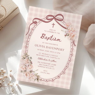 Launische Gingham-Rosa-Blumen-Mädchen-Taufe Einladung