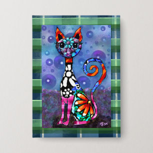 Launische großäugige funky abstrakte Kitty-Katze Button
