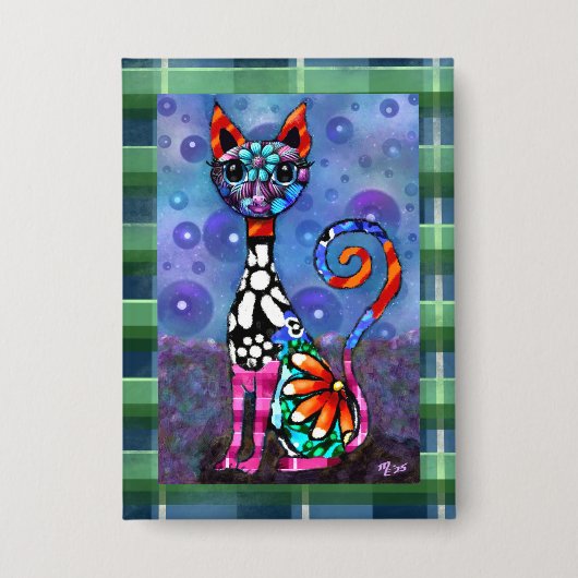 Launische großäugige funky abstrakte Kitty-Katze Button (Vorderseite)