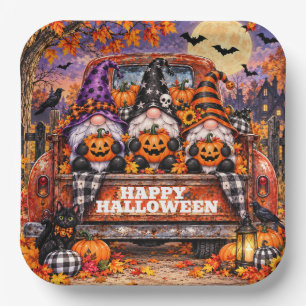 Launische Halloween-Gnome rustikaler Vintage-LKW Pappteller