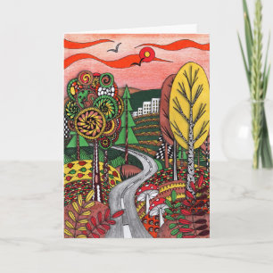 Launische Herbstlandschaft-Folk-Art-Doodle-Grußkar Karte
