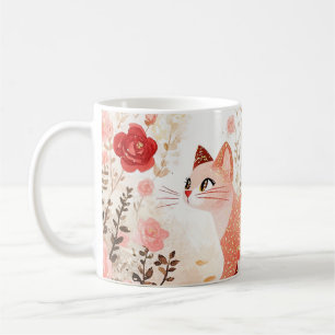 Launische Katze in einem Rosengarten. Kaffeetasse