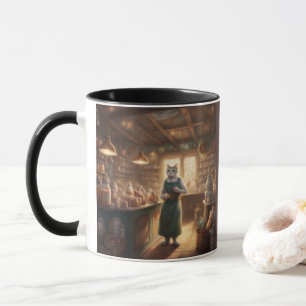 Launische Katze in Schürze arbeitet in einem Gemis Tasse