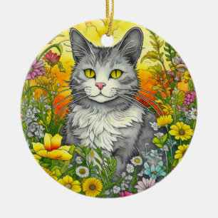 Launische Katze und Blumen Keramik Ornament