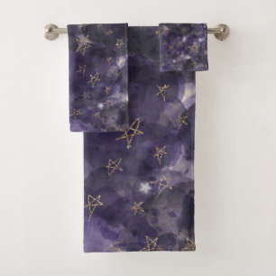 Launische lila Aquarell Gold Bronze Mond Sterne Badhandtuch Set
