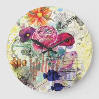 Launische Mixed-Media-Collage-Kunst Große Wanduhr