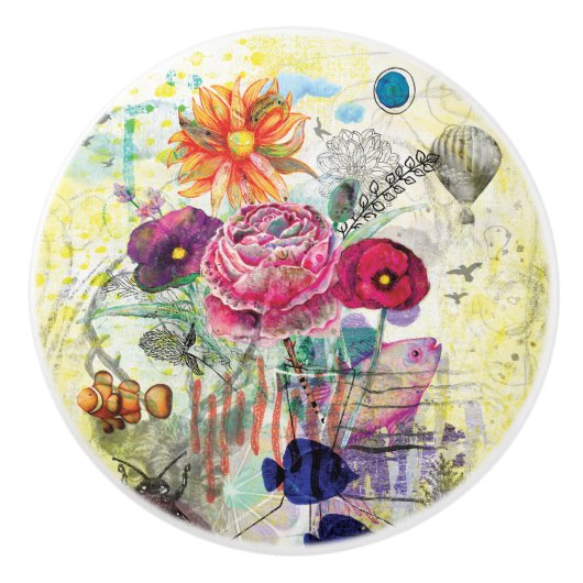 Launische Mixed-Media-Collage-Kunst Keramikknauf (Vorderseite)