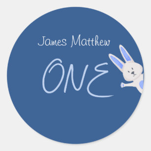 Launische moderne blaue Hase 1. Geburtstag Runder Aufkleber