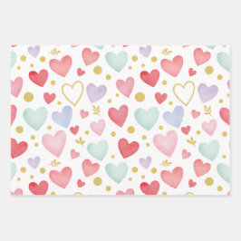 Launische Pastell-Aquarell-Herzen und Goldblatt Geschenkpapier Set