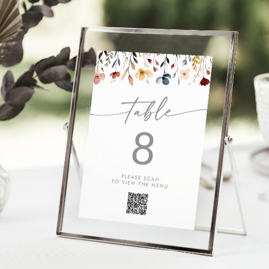 Launische QR-Code-Tischnummern mit Wildblumen Einladung