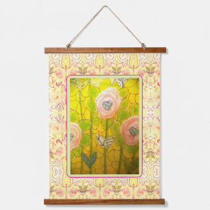 Launische rosa Blumen - Wandteppich Mit Holzrahmen