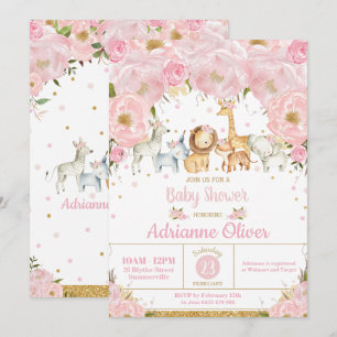 Launische rosa florale Dschungeltiere Babyparty Einladung