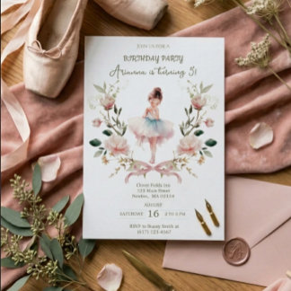 Launische rosa Schleife und Wasserfarben-Ballerina Einladung