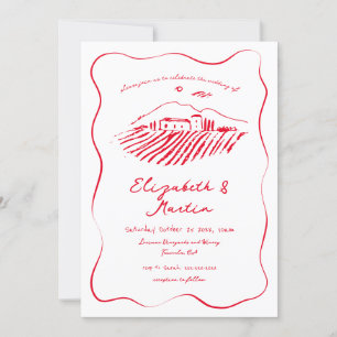 Launische rote Doodle-Weingut-Wellenrand-Hochzeit Einladung