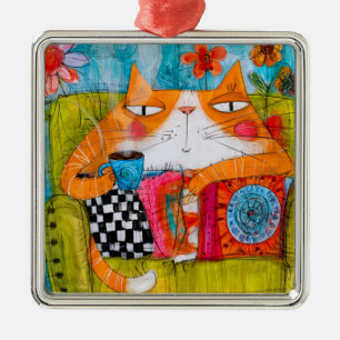 Launische rote Katze mit Teetasse Ornament Aus Metall