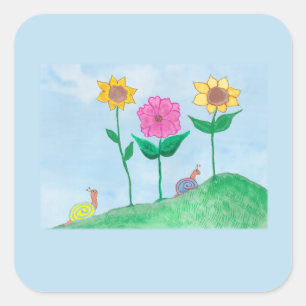 Launische Schnecken & farbenfrohe Blumen Quadratischer Aufkleber