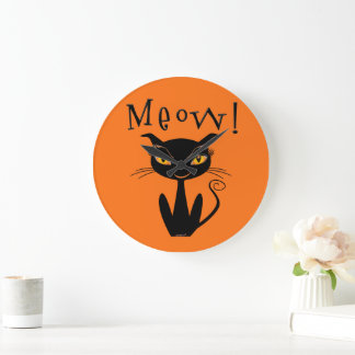 Launische schwarze Katze Miauen! Große Wanduhr