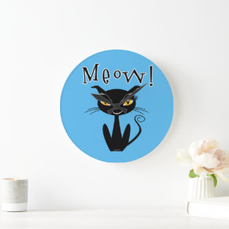 Launische schwarze Katze Miauen! Große Wanduhr