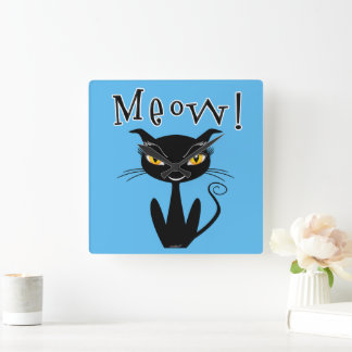 Launische schwarze Katze Miauen! Quadratische Wanduhr
