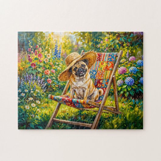 Launische Sommergarten-Mops-Illustration Puzzle (Horizontal)