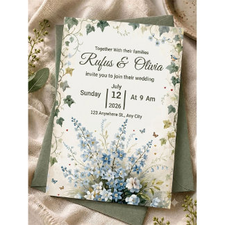 Launische staubblaue Blumen- und Efeu-Hochzeit  Einladung