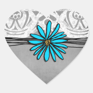Launische Vintage-Blume in Blau und Grau Herz-Aufkleber