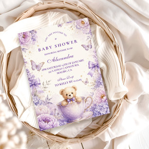 Launische violette Teddybär-Baby-Party Einladung