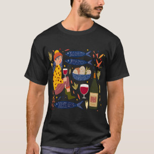 Launische Volkskunstfrau mit Rotwein und Sardine T-Shirt