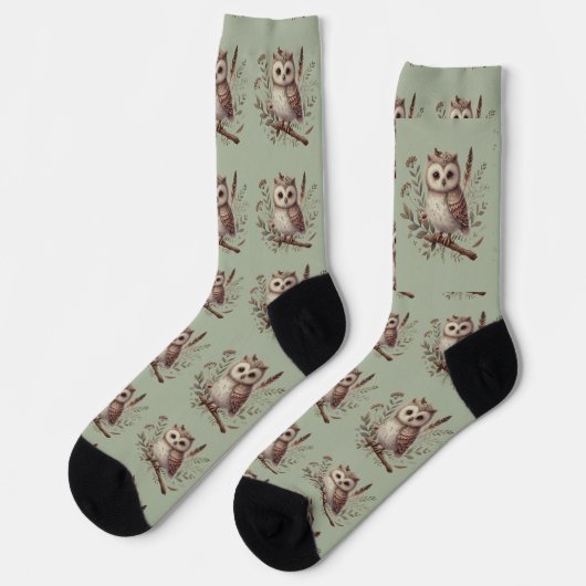 Launische Wald-Eulen-Botanik-Illustration Socken (Linkes Detail)