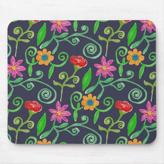 Launische Wasserfarben-Blumen Navy Blau Mousepad (Vorne)