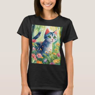 Launische Wasserfarben-Katze im Blumen Garten Ni T-Shirt