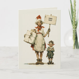 Launische Weihnachtselfen mit leerem Schild Karte