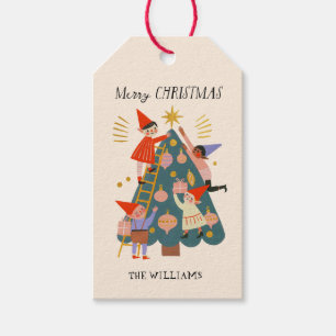 Launische Weihnachtselfen schmücken den Baum Geschenkanhänger