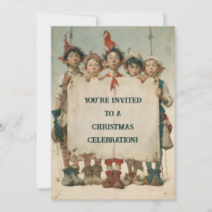 Launische Weihnachtselfen spähen hinter einem Schi Feiertagskarte