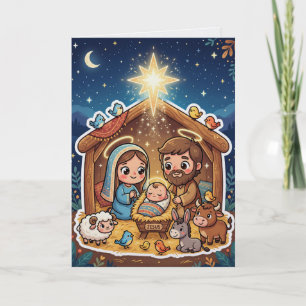 Launische Weihnachtskarte mit Maria, Josef und Jes Karte