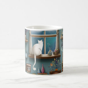 Launische weiße Katze, die aus dem Fenster schaut Kaffeetasse