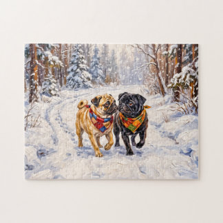 Launische Winterwald-Mops-Hunde-Illustration Puzzle