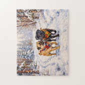 Launische Winterwald-Mops-Hunde-Illustration Puzzle (Vertikal)