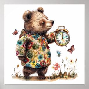 Launischer Bär, der eine alte Uhr hält Klein Poster