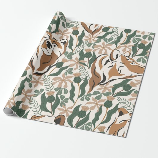 Launischer Bär und Distelblumen-Waldgarten Geschenkpapier (Ungerollt)
