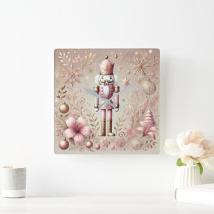 Launischer Eleganter Rosa & Gold Pastell Nussknack Quadratische Wanduhr