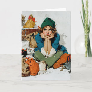 Launischer Elf zwischen Geschenktüten Feiertagskarte