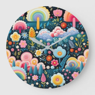 Launischer Regenbogen-Garten Blumige Fantasie-Must Große Wanduhr