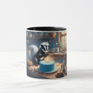 Launischer Skunk zündet Kerzen auf der Geburtstags Tasse