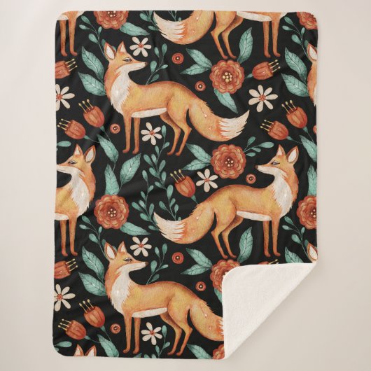 Launischer Wald Fuchs & Blumenmuster Sherpadecke (Vorderseite)